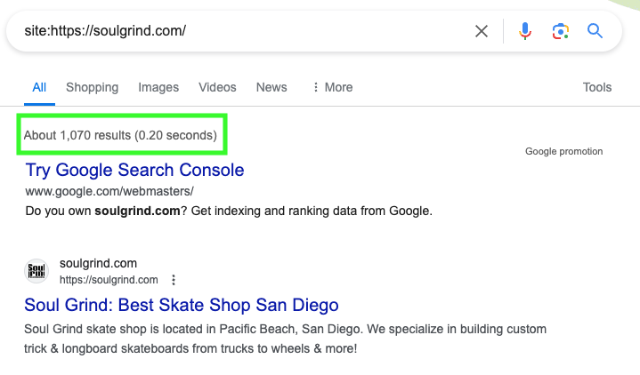 Find out how many URLs are indexed in Google using a site search operator